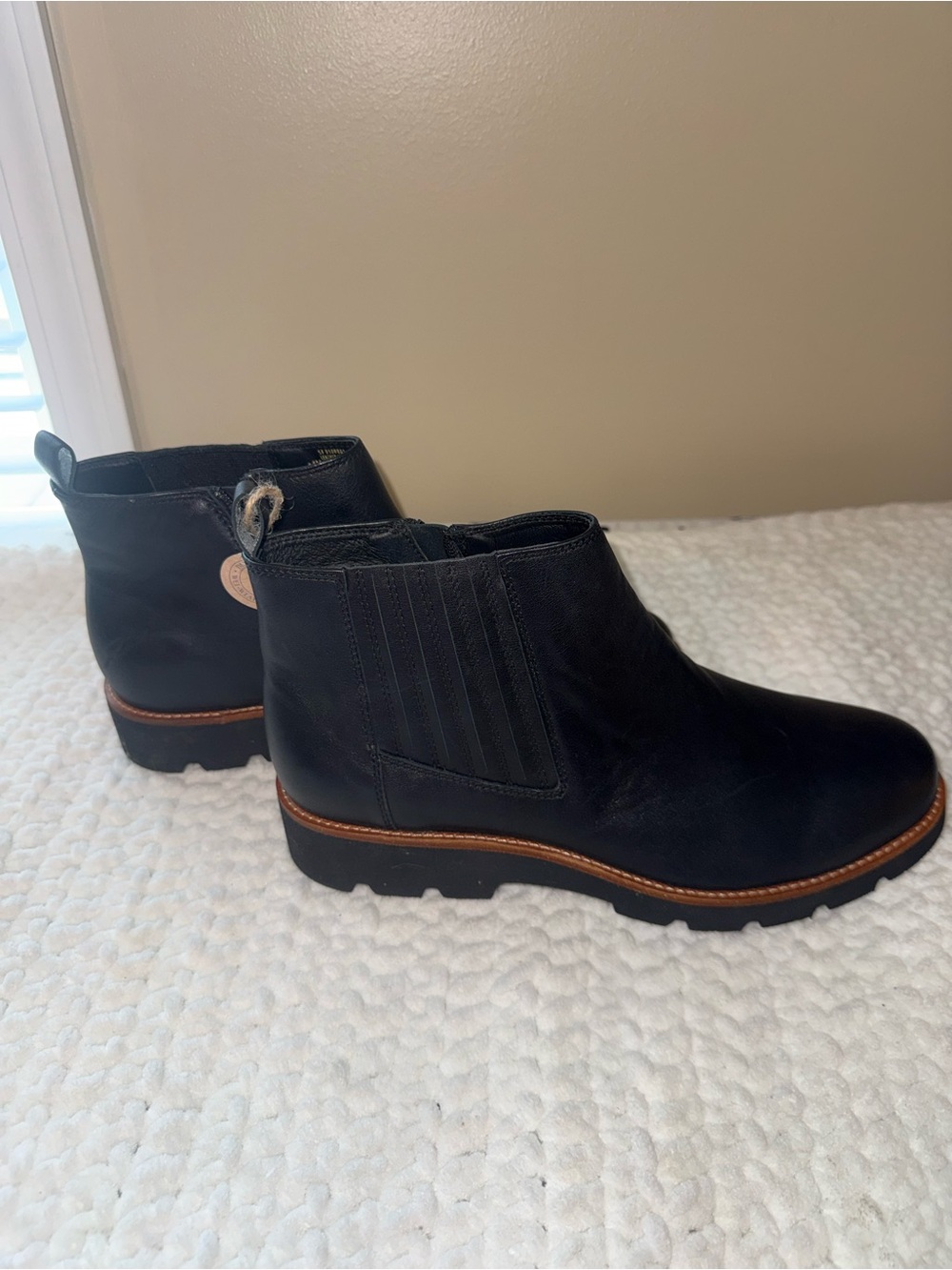 Sofft Black Leather Chelsea Ankle Booties with Brown Welt